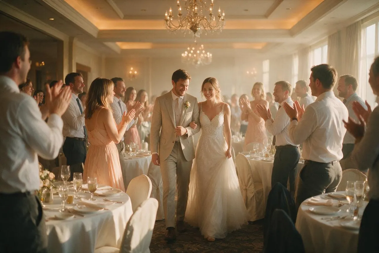 AI-generated image: a couple entering a ballroom between round tables