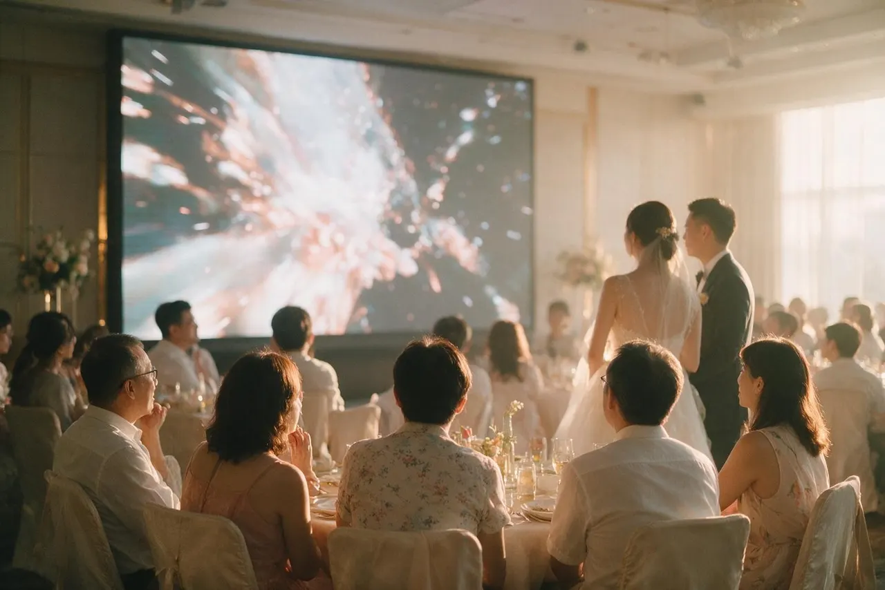 AI-generated image: guests watching a same-day edit on the ballroom screen