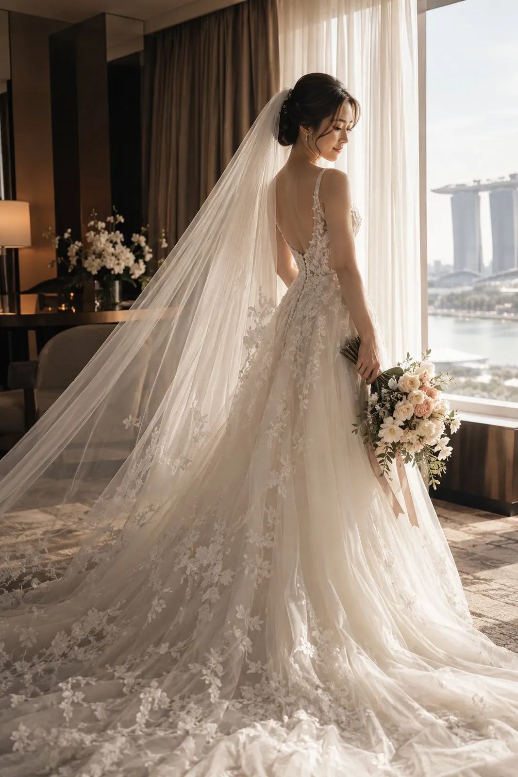 AI-generated image: a bride at a hotel window, veil and train trailing across the floor