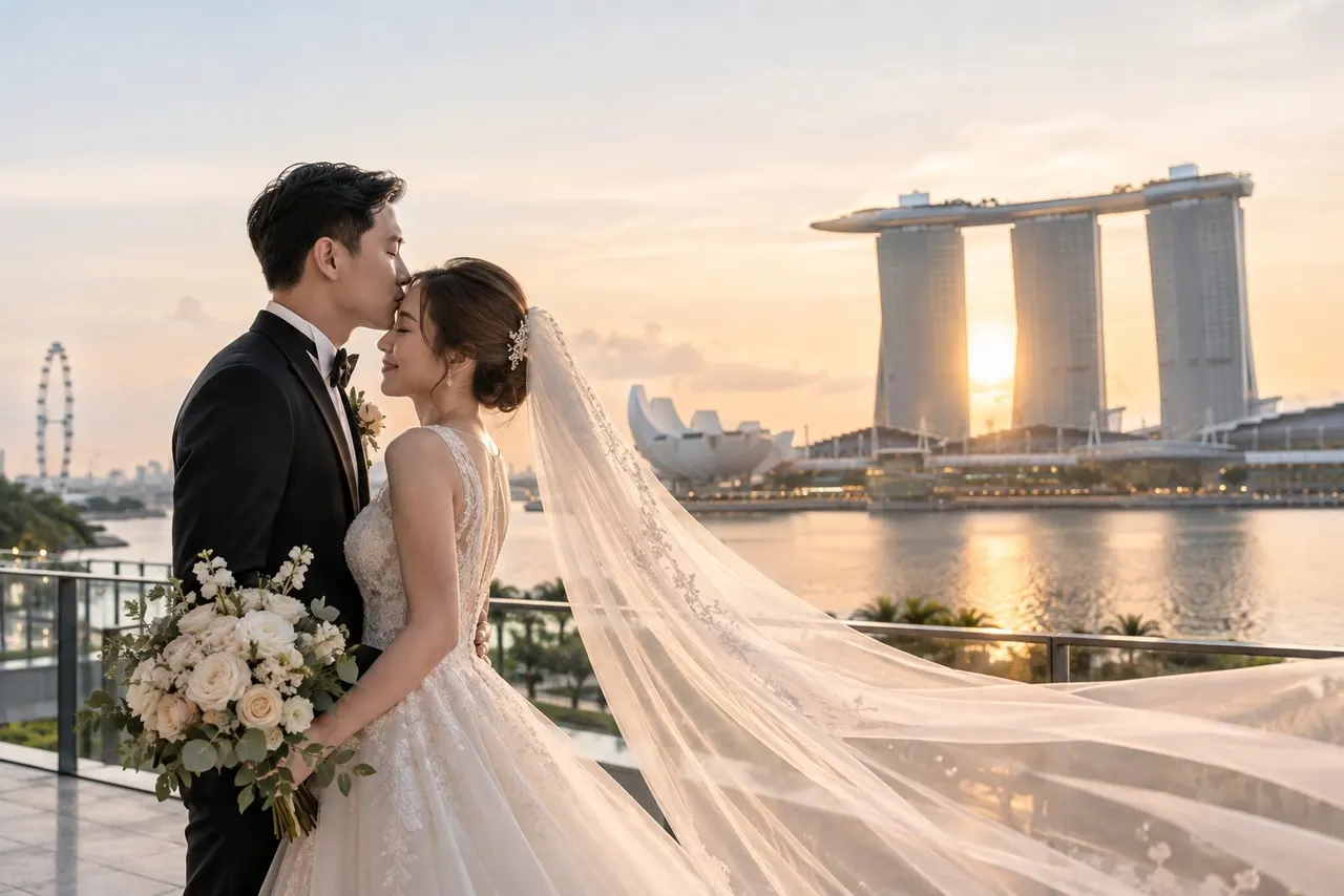 AI-generated image: a couple by the bay at sunset, the Marina Bay Sands skyline behind
