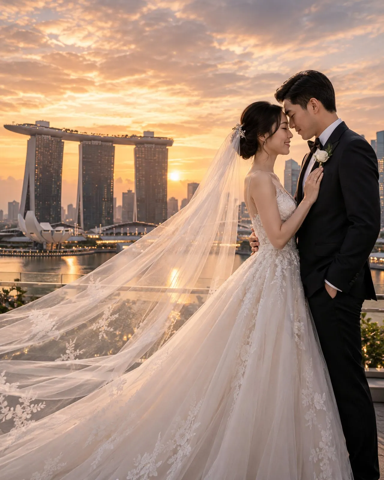 AI-generated image: a couple at sunset above Marina Bay, veil lifted by the wind