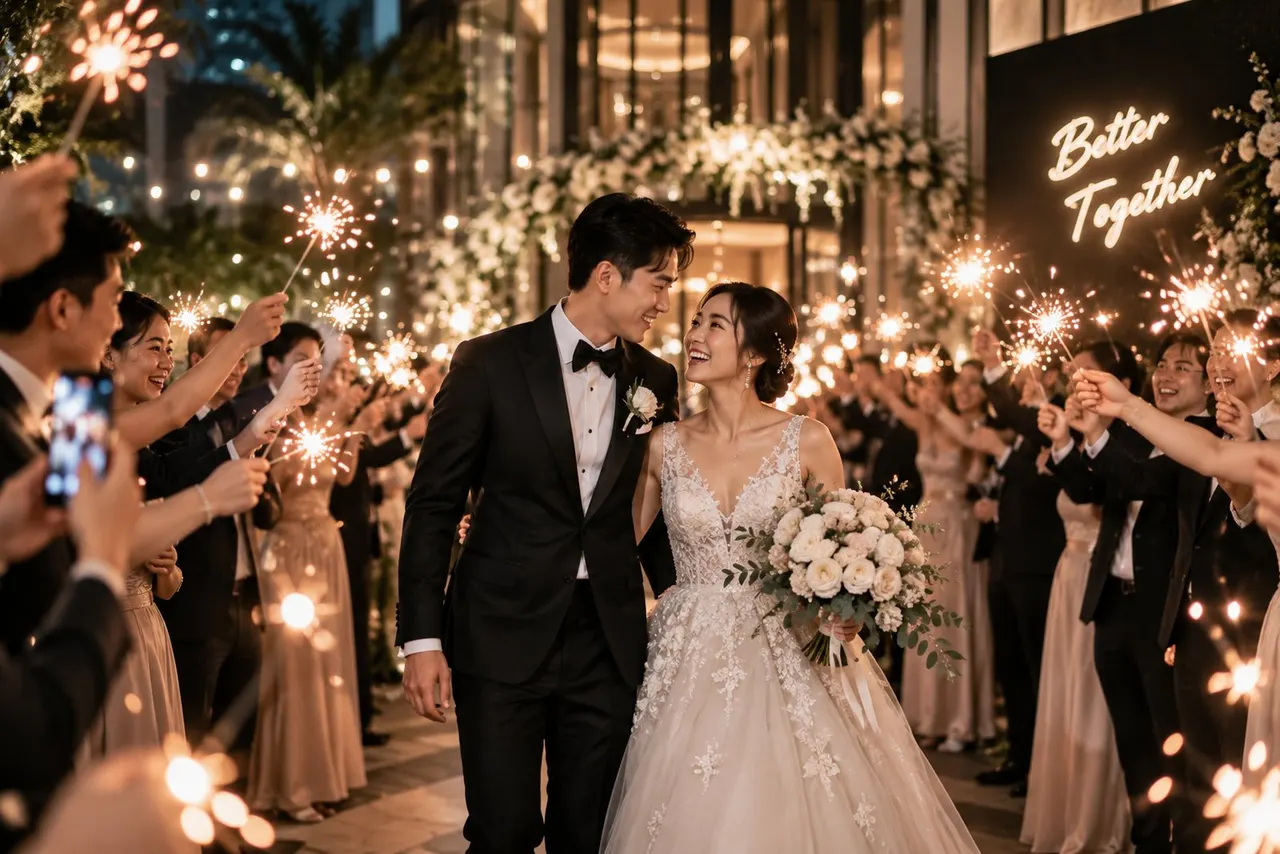 AI-generated image: a couple walking out through a sparkler send-off at night