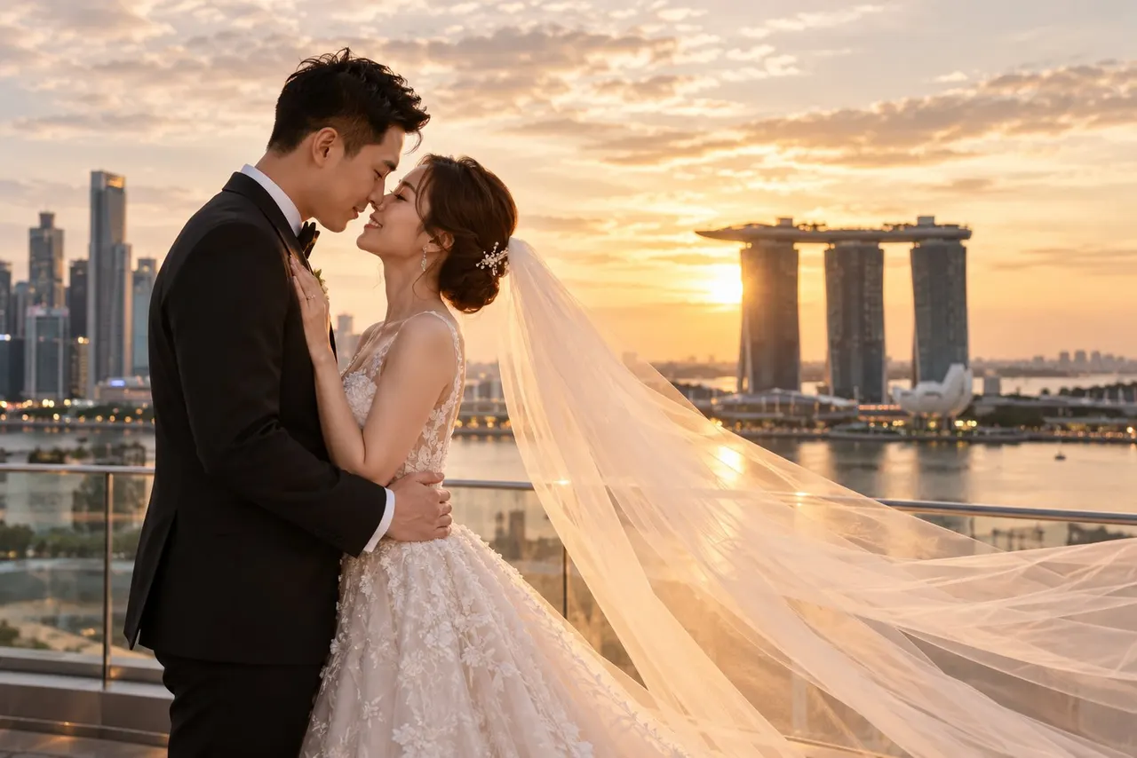 AI-generated image: a couple on a rooftop at dusk, skyline in the background
